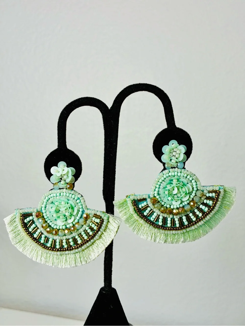 Mint Green Sequined & Beaded Fan Tassel Earrings for Boho Chic Women Summer